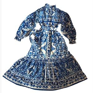 Christina Berla/Berla Couture 100% Silk Shifon Blue/ White Maxi dress with belt